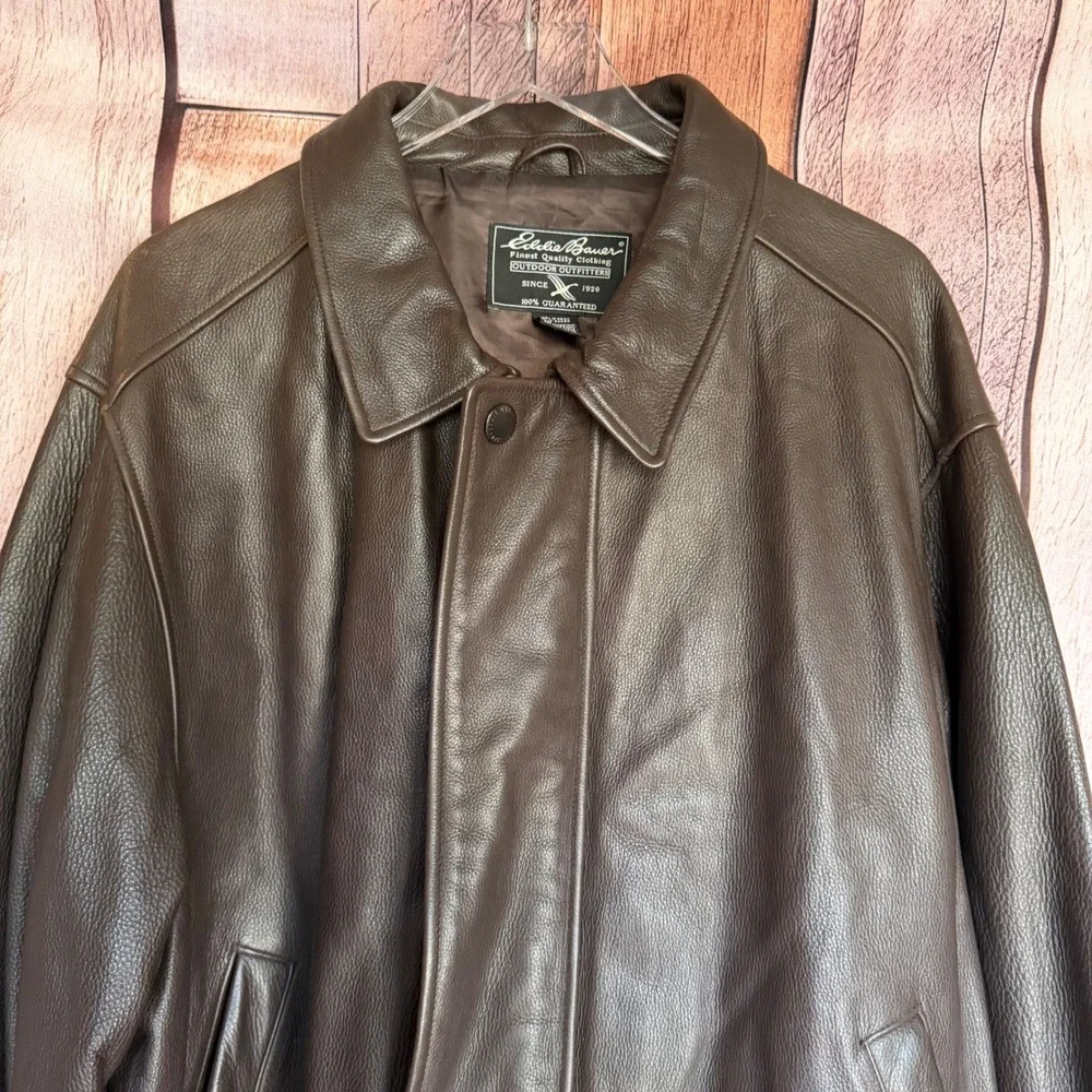 Eddie Bauer Leather Bomber Jacket Brown Heritage Classic Y2K Genuine Size XXL - Picture 3 of 9